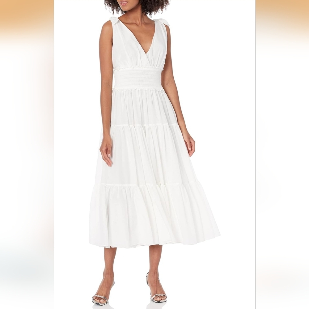 Cinq à Sept Tamar Tie Strap Smocked Calf Length Ruffled Dress Sz 2